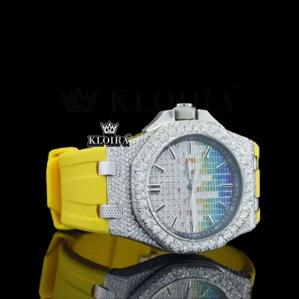 Rainbow Soundwave Dial Yellow Rubber Strap Semi Iced Out Moissanite Watch Right Profile View