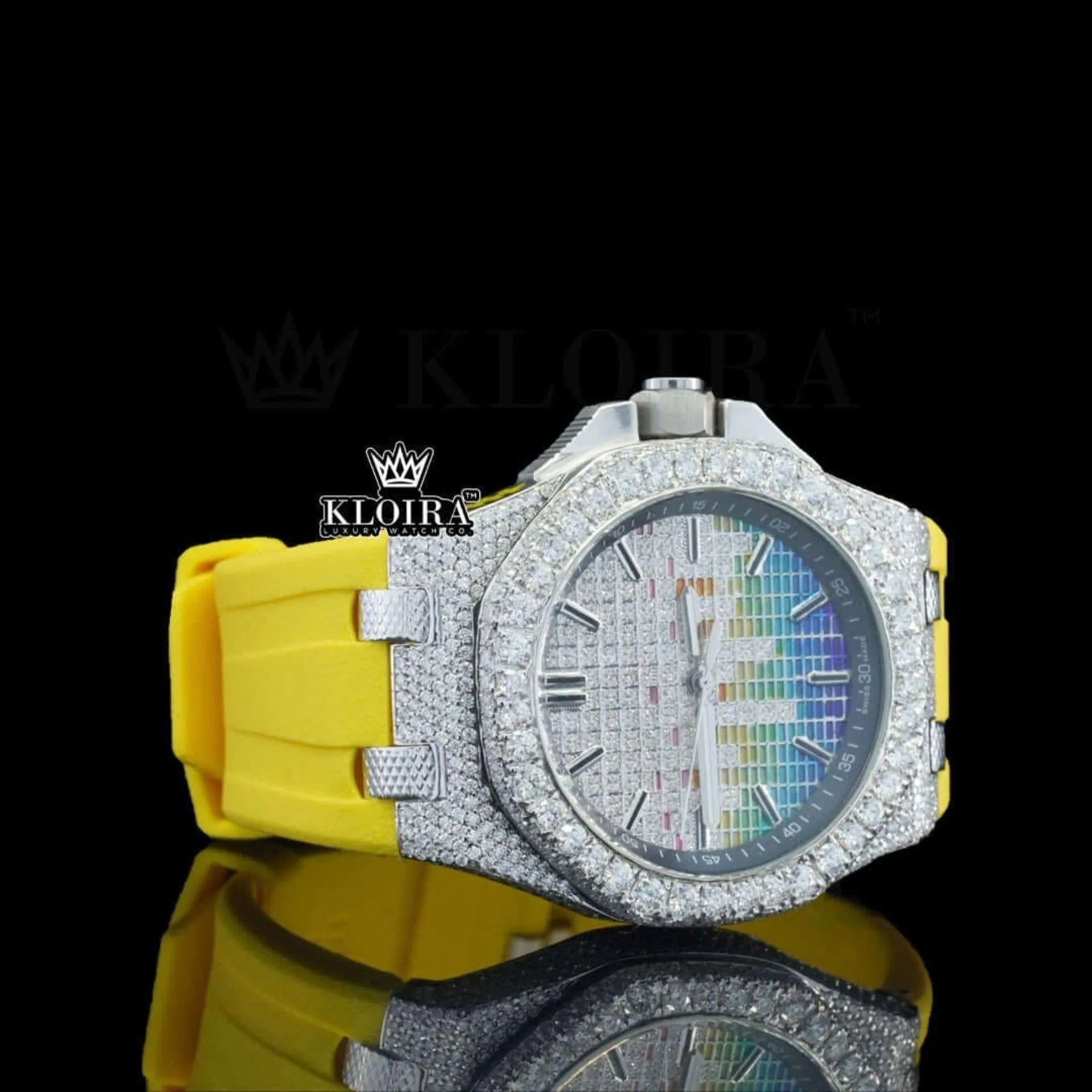 Rainbow Soundwave Dial Yellow Rubber Strap Semi Iced Out Moissanite Watch Right Profile View