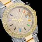 Rainbow Stick Markers Dial Two Tone Iced Out Moissanite Diamond Watch Close Up Dial View