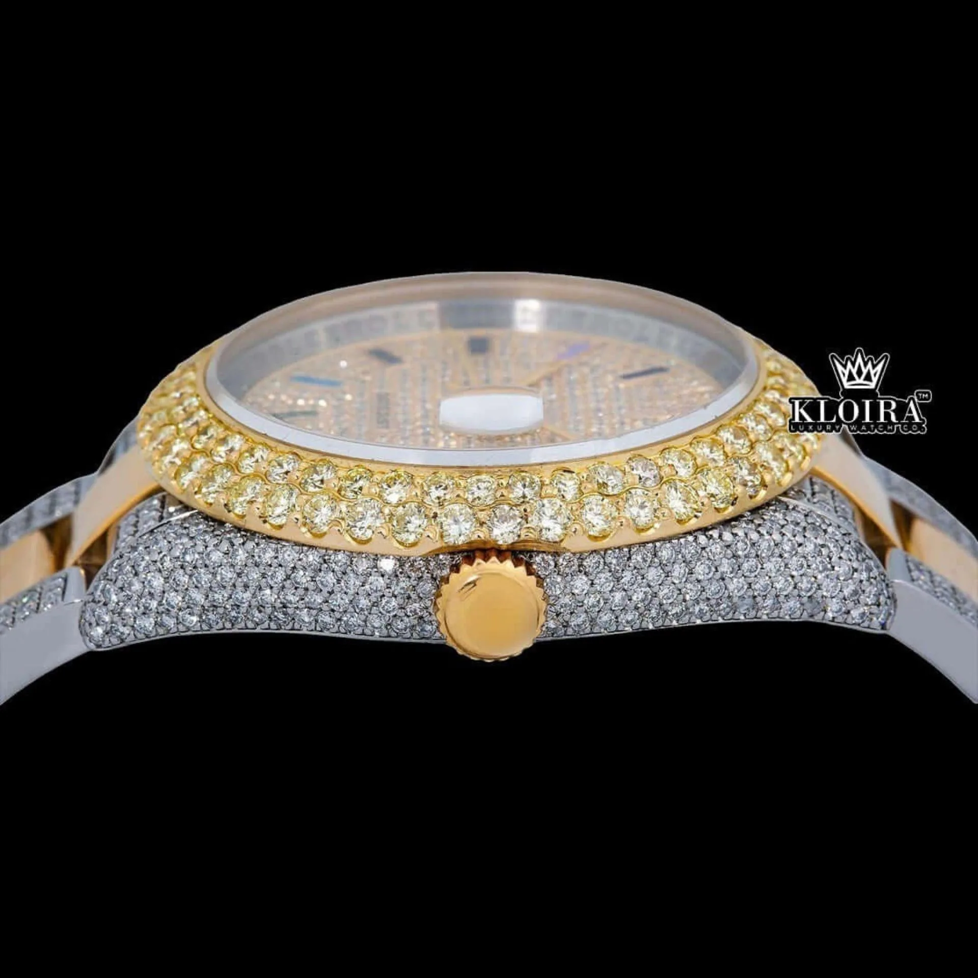 Rainbow Stick Markers Dial Two Tone Iced Out Moissanite Diamond Watch Crown View
