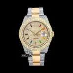 Roles Rainbow Stick Markers Dial Two Tone Iced Out Moissanite Watch with Yellow Dial