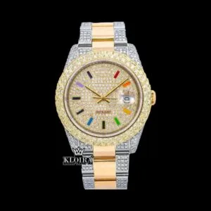 Roles Rainbow Stick Markers Dial Two Tone Iced Out Moissanite Watch