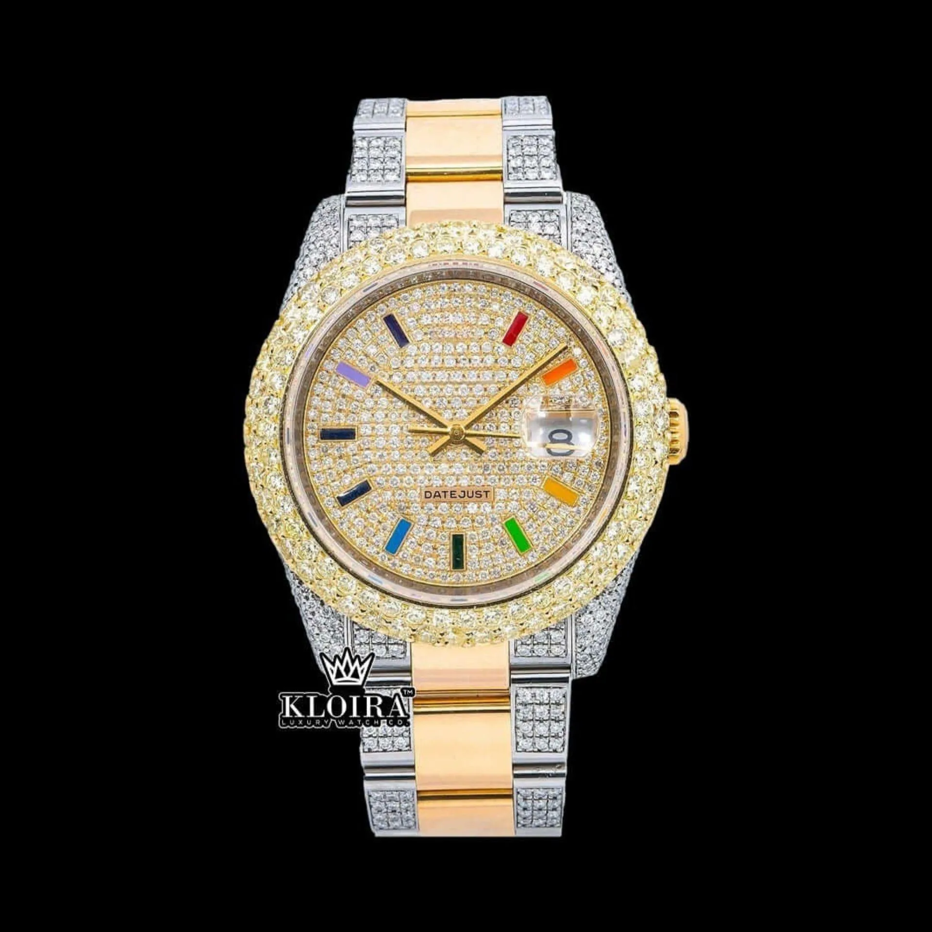 Roles Rainbow Stick Markers Dial Two Tone Iced Out Moissanite Watch with Yellow Dial