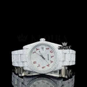 Roles Fully Iced Out Moissanite Watch with Red Arabic Numerals Dial