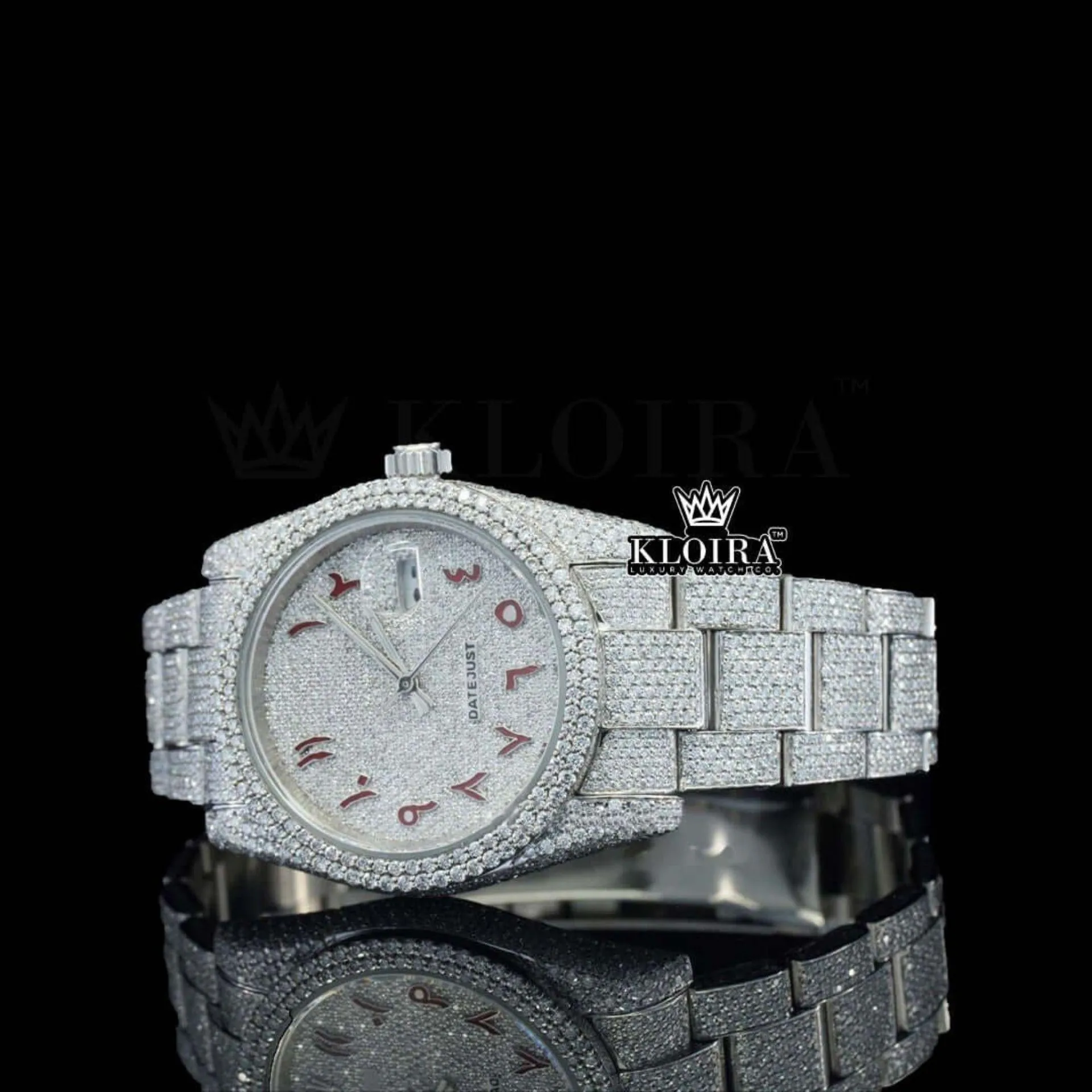 Red Arabic Numerals Dial Diamond Bezel Fully Iced Out Moissanite Watch Left Profile View
