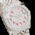 Red Arabic Numerals Fully Iced Out Moissanite Diamond Watch Close Up Dial View