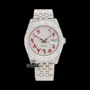 Roles Red Arabic Numerals Fully Iced Out Moissanite Watch