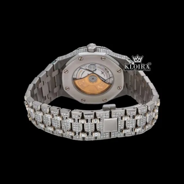 Red Arabic Numerals White Dial Bust Down Moissanite Diamond Watch Caseback View