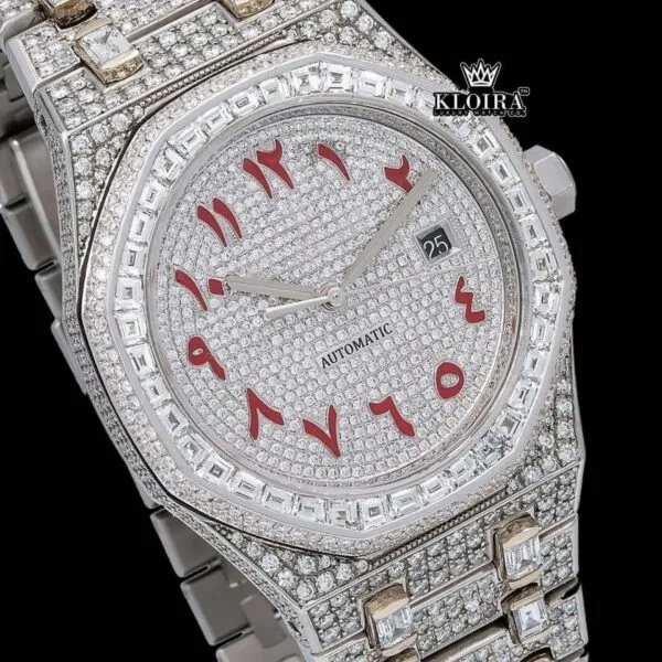 Red Arabic Numerals White Dial Bust Down Moissanite Diamond Watch Close Up Dial View