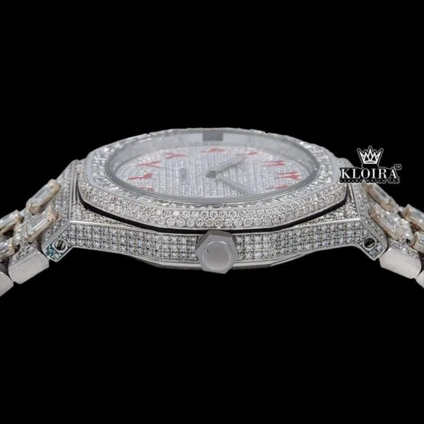 Red Arabic Numerals White Dial Bust Down Moissanite Diamond Watch Crown View