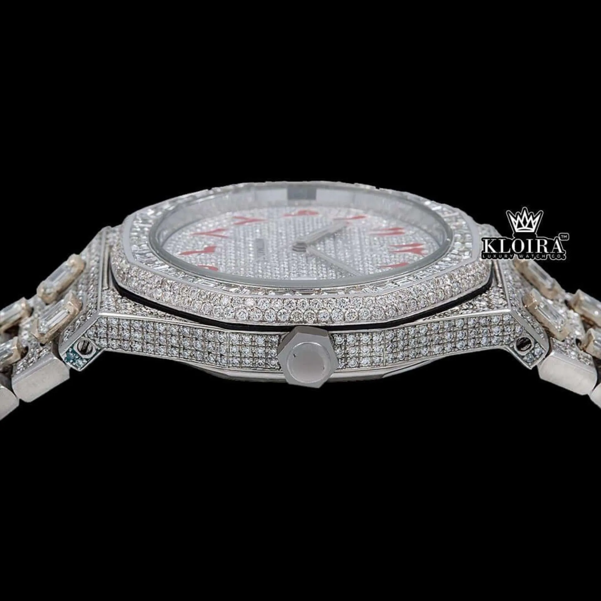 Red Arabic Numerals White Dial Bust Down Moissanite Diamond Watch Crown View