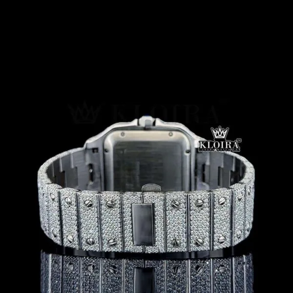 Red Arabic Numerals White Dial Full Iced Out Moissanite Watch Caseback View