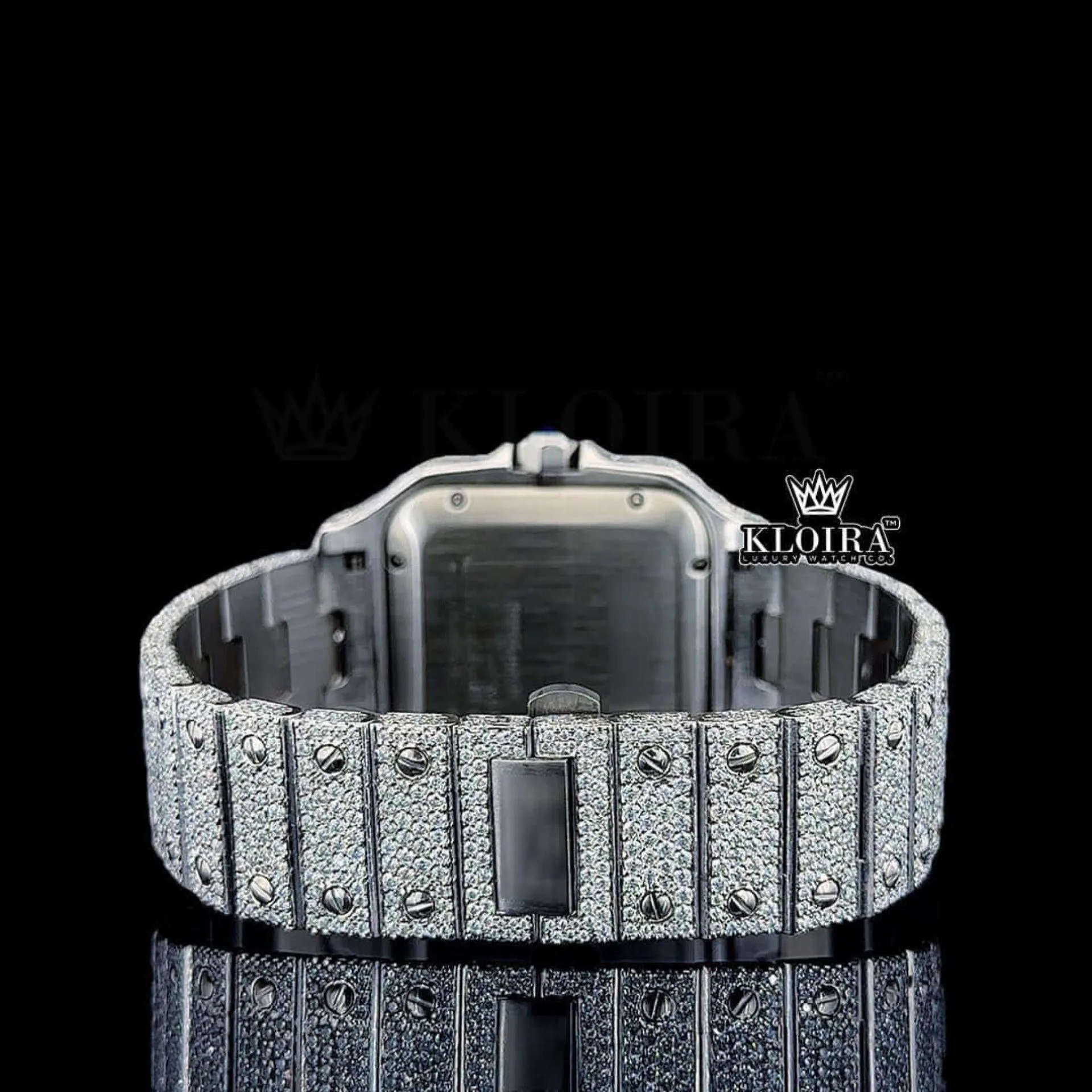 Red Arabic Numerals White Dial Full Iced Out Moissanite Watch Caseback View
