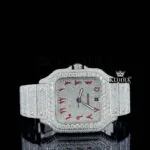 Cartior Red Arabic Numerals White Dial Full Iced Out Moissanite Watch