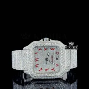 Cartior Red Arabic Numerals White Dial Full Iced Out Moissanite Watch