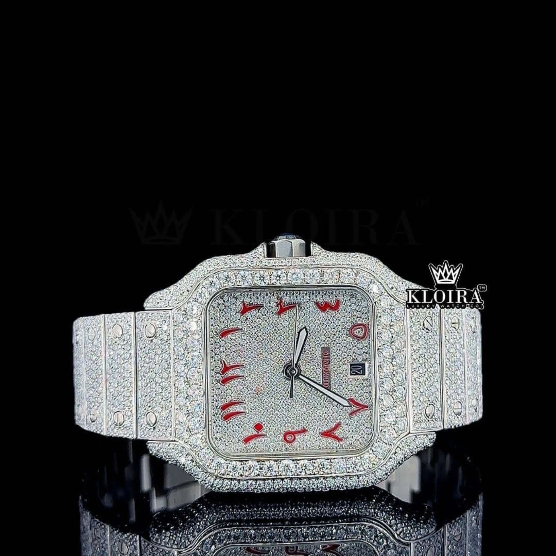 Cartior Red Arabic Numerals White Dial Full Iced Out Moissanite Watch with luxurious details
