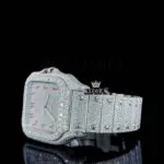 Red Arabic Numerals White Dial Full Iced Out Moissanite Watch Left Profile View