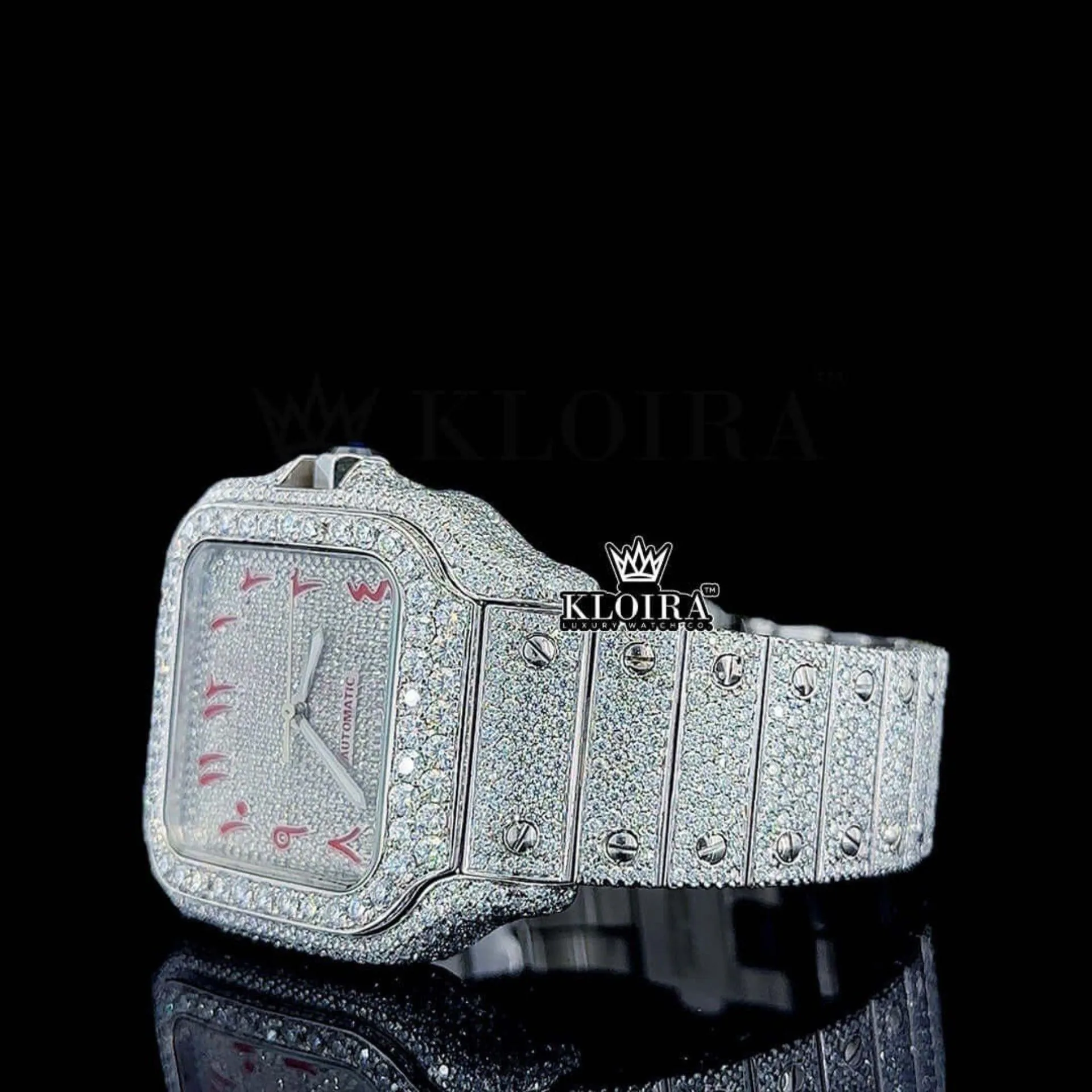 Red Arabic Numerals White Dial Full Iced Out Moissanite Watch Left Profile View