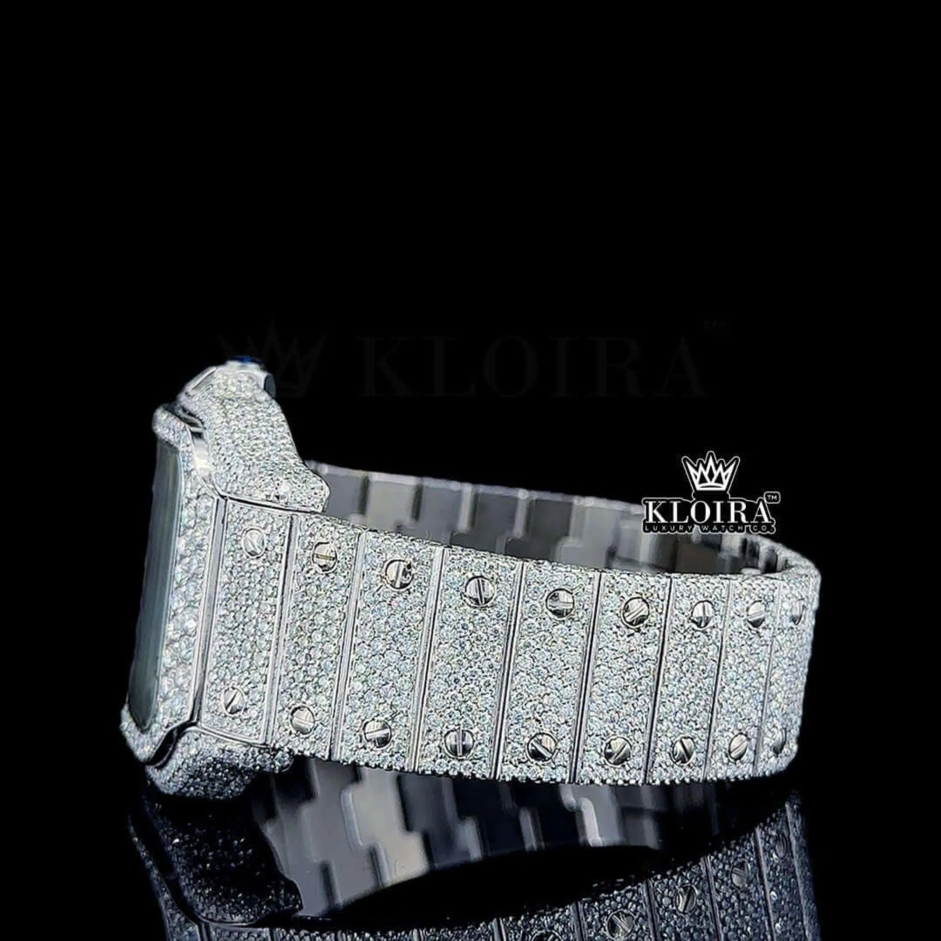 Red Arabic Numerals White Dial Full Iced Out Moissanite Watch Left Side View