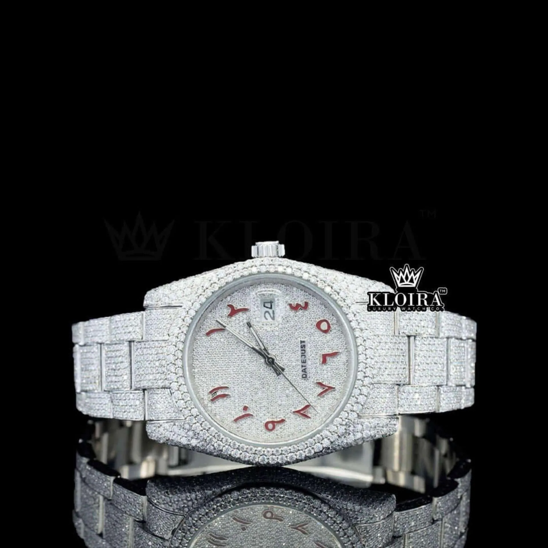 Roles Red Arabic Numerals Moissanite Diamond Watch with White Dial