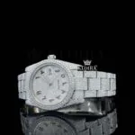 Red Arabic Numerals White Dial Fully Bust Down Moissanite Diamond Watch Left Profile View
