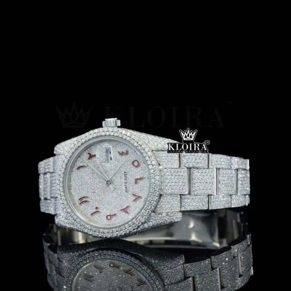 Red Arabic Numerals White Dial Fully Bust Down Moissanite Diamond Watch Left Profile View