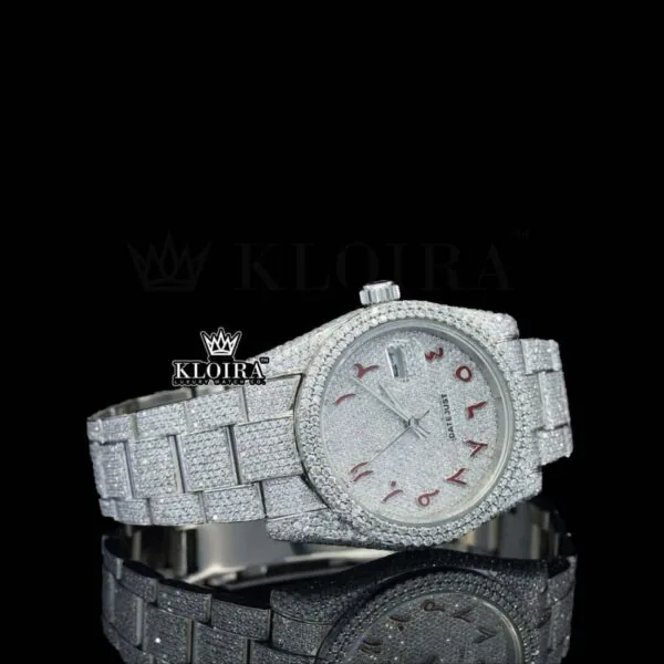 Red Arabic Numerals White Dial Fully Iced Out Moissanite Diamond Watch Right Profile View