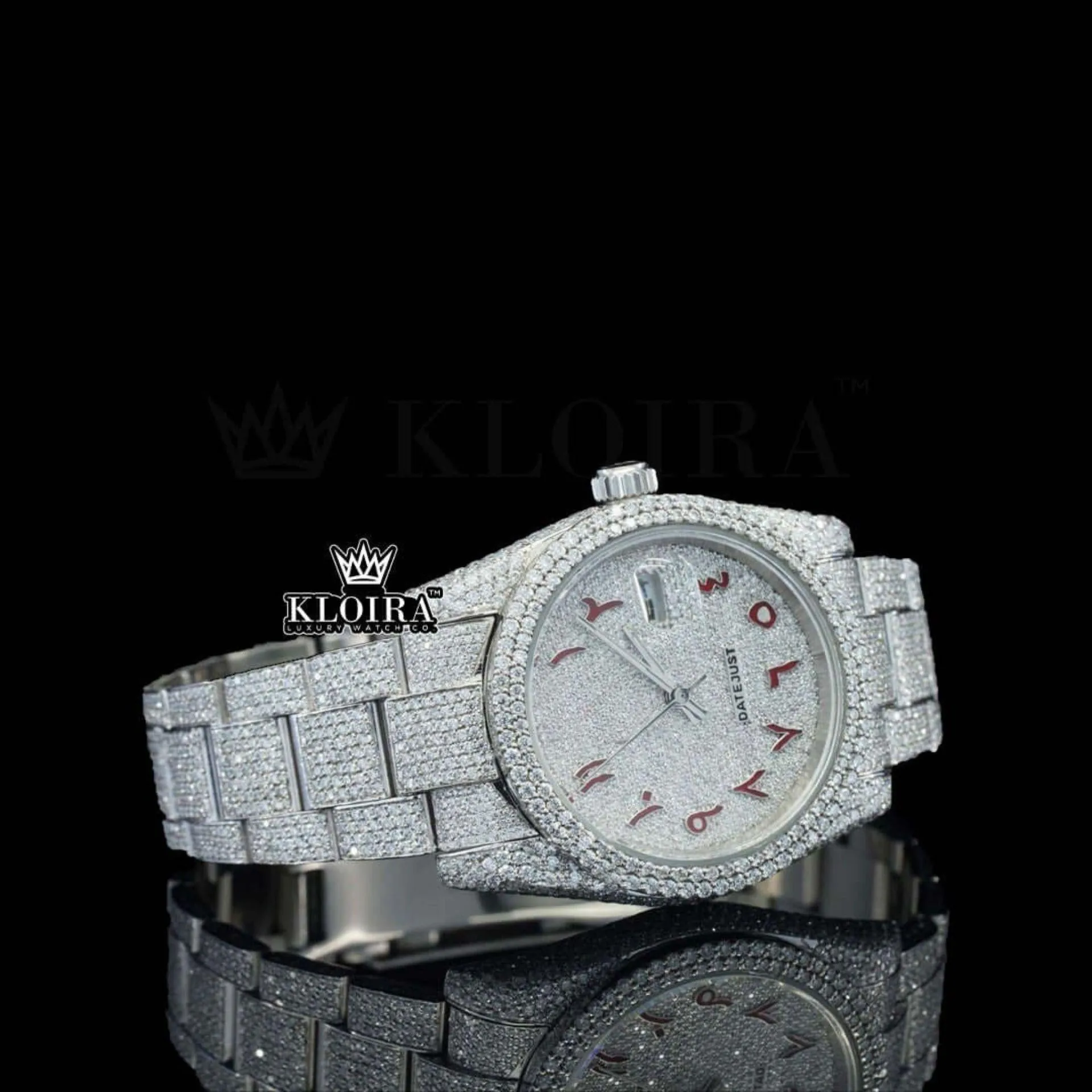 Red Arabic Numerals White Dial Fully Iced Out Moissanite Diamond Watch Right Profile View