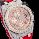 Red Camouflage Strap Rose Gold Chronograph Dial Moissanite Watch Close Up Dial View