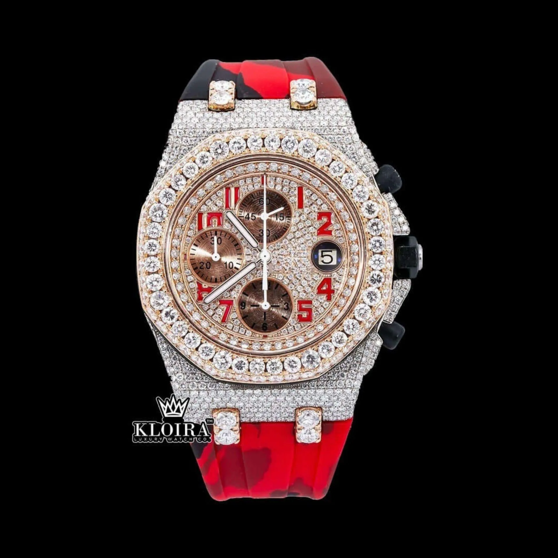 AP Royal Oak Offshore Moissanite Watch with Red Camouflage Strap and Chronograph Dial