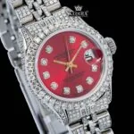 Red Dial Diamond Markers Bust Down Moissanite Diamond Watch Close Up Dial View