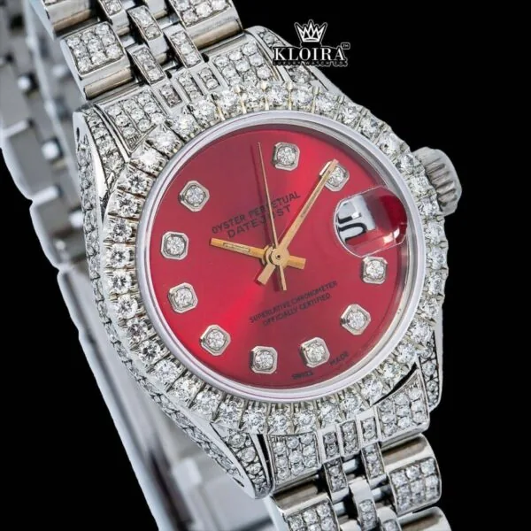 Red Dial Diamond Markers Bust Down Moissanite Diamond Watch Close Up Dial View