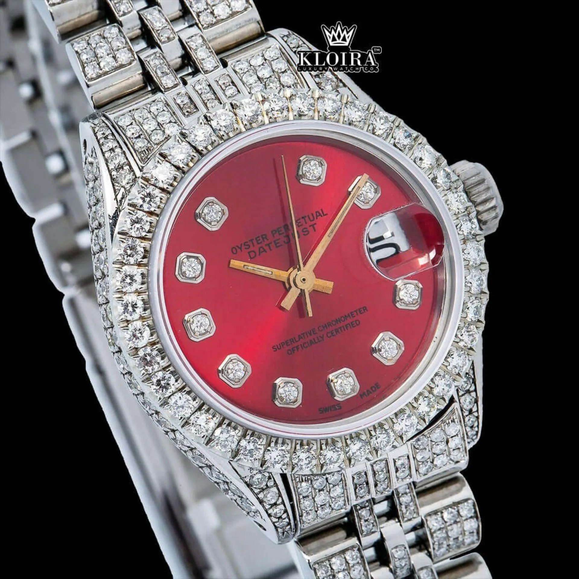 Red Dial Diamond Markers Bust Down Moissanite Diamond Watch Close Up Dial View