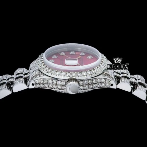 Red Dial Diamond Markers Bust Down Moissanite Diamond Watch Crown View