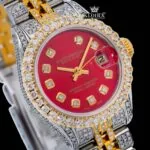 Red Dial Diamond Markers Yellow Gold Two Tone Moissanite Diamond Watch Close Up Dial View