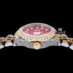 Red Dial Diamond Markers Yellow Gold Two Tone Moissanite Diamond Watch Crown View