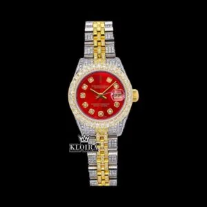 Roles Red Dial Moissanite Diamond Watch Yellow Gold Two Tone