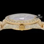 Red Dial Roman Numerals Fully Iced Out Yellow Gold Moissanite Diamond Watch Crown View