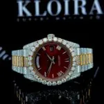 Roles Red Dial Roman Numerals Two Tone Bust Down Moissanite Watch with a vibrant red dial and luxurious two-tone bracelet.