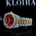 Red Dial Roman Numerals Two Tone Bust Down Moissanite Diamond Watch Left Profile View