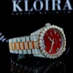 Red Dial Roman Numerals Two Tone Bust Down Moissanite Diamond Watch Right Profile View