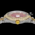 Red Dial Roman Numerals Two Tone Yellow Gold Iced Out Moissanite Watch Crown View
