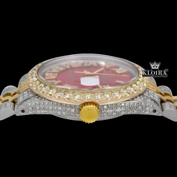 Red Dial Roman Numerals Two Tone Yellow Gold Iced Out Moissanite Watch Crown View