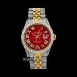Roles Red Dial Roman Numerals Two Tone Yellow Gold Iced Out Moissanite Watch Front View