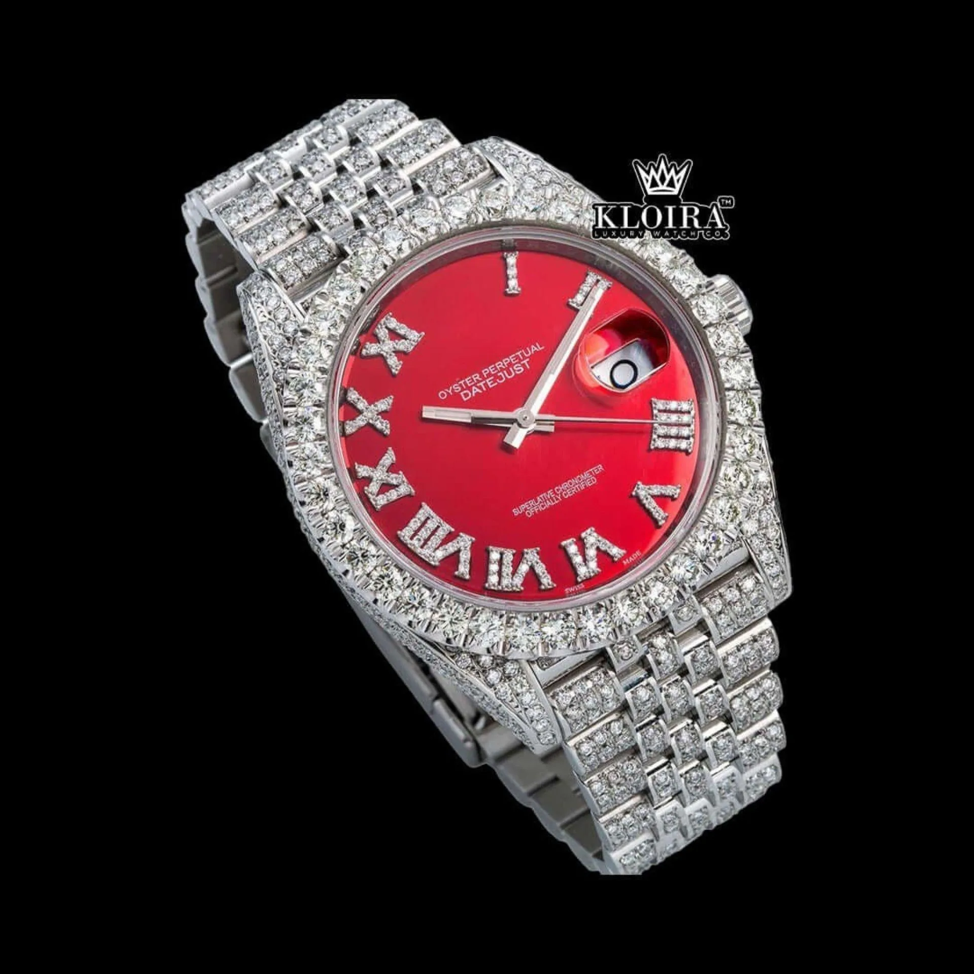 Red Roman Dial Fully Iced White Gold Lab-Grown Diamond Watch Close Up Front View