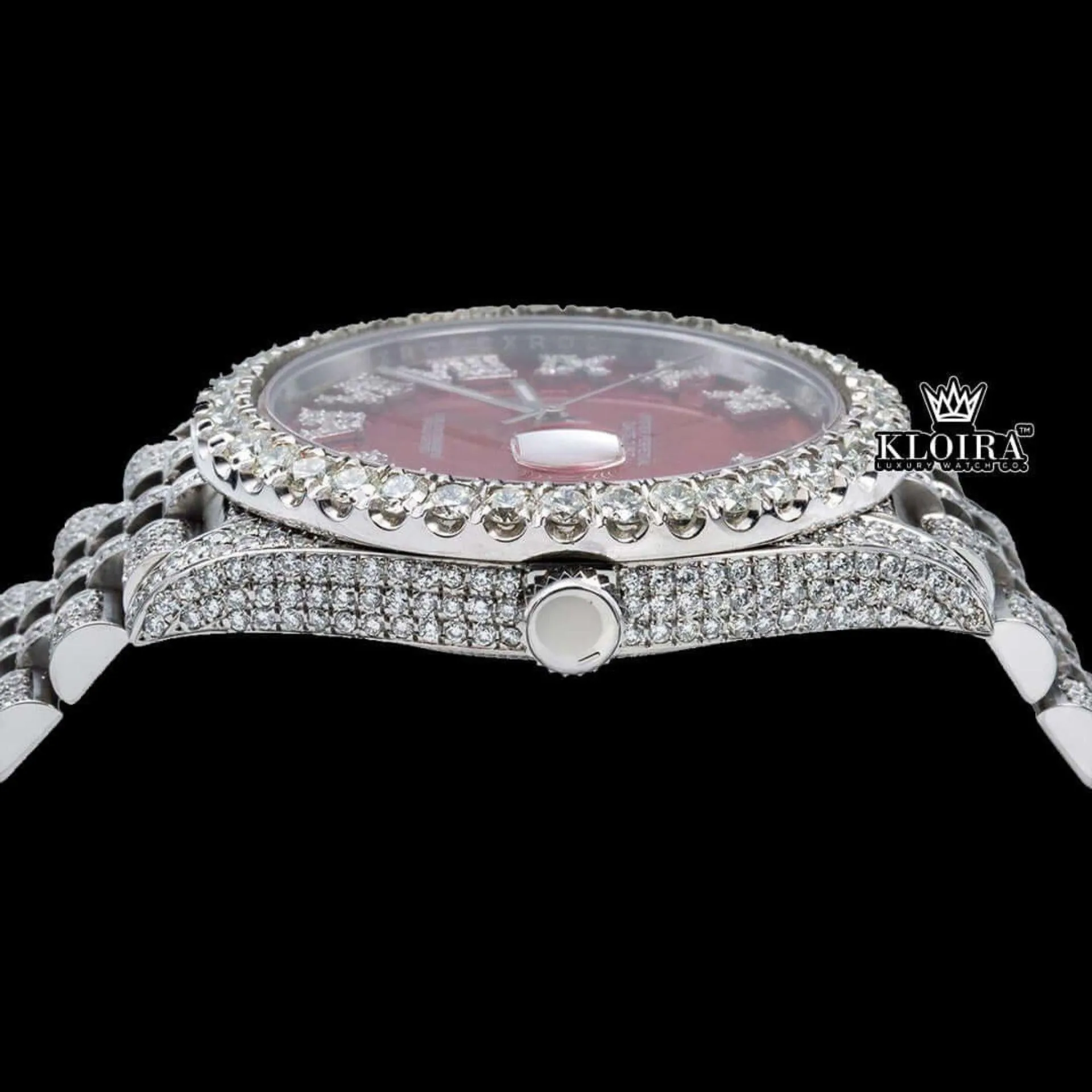 Red Roman Dial Fully Iced White Gold Lab-Grown Diamond Watch Crown View