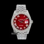 Roles Red Roman Dial Fully Iced White Gold Lab-Grown Diamond Watch with sparkling diamonds