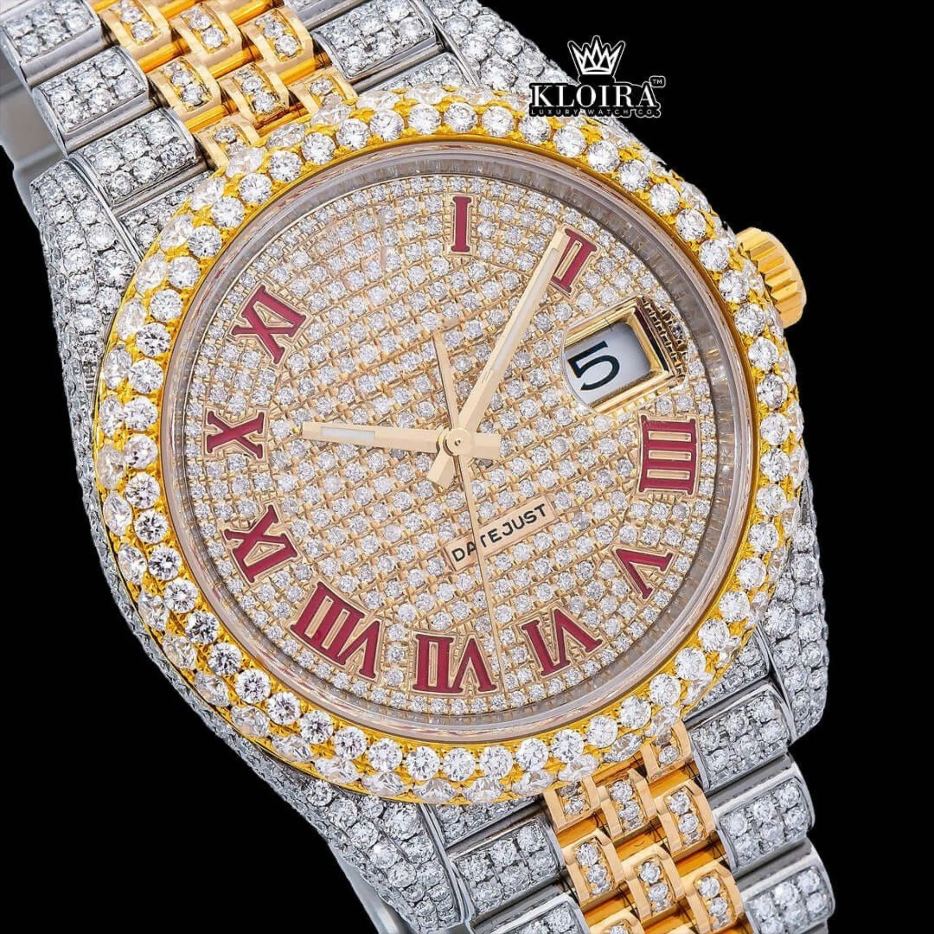 Red Roman Numerals Dial Date Window Two Tone Moissanite Watch Close Up Dial View