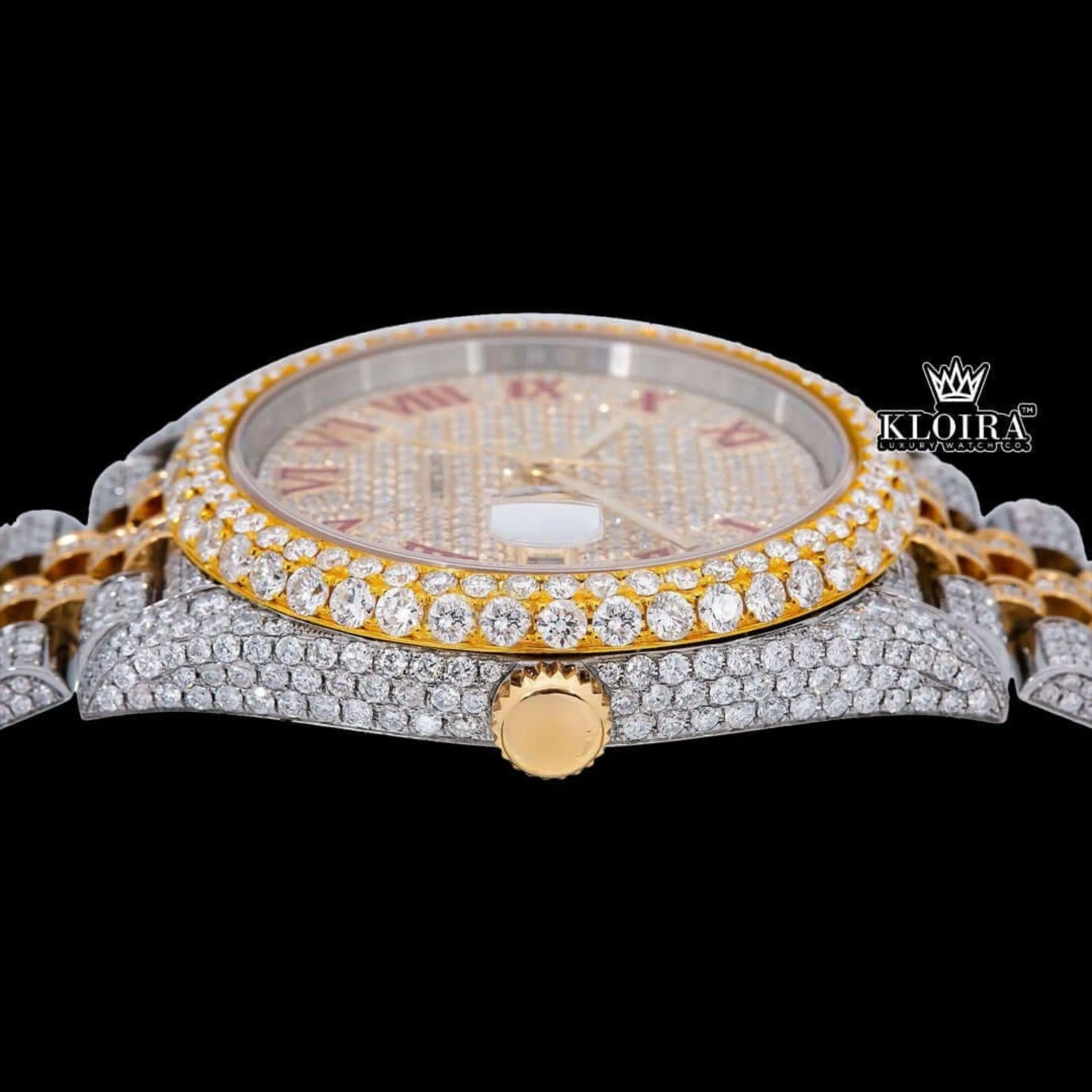 Red Roman Numerals Dial Date Window Two Tone Moissanite Watch Crown View