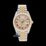 Roles Two Tone Moissanite Watch with Red Roman Numerals Dial and Yellow Dial